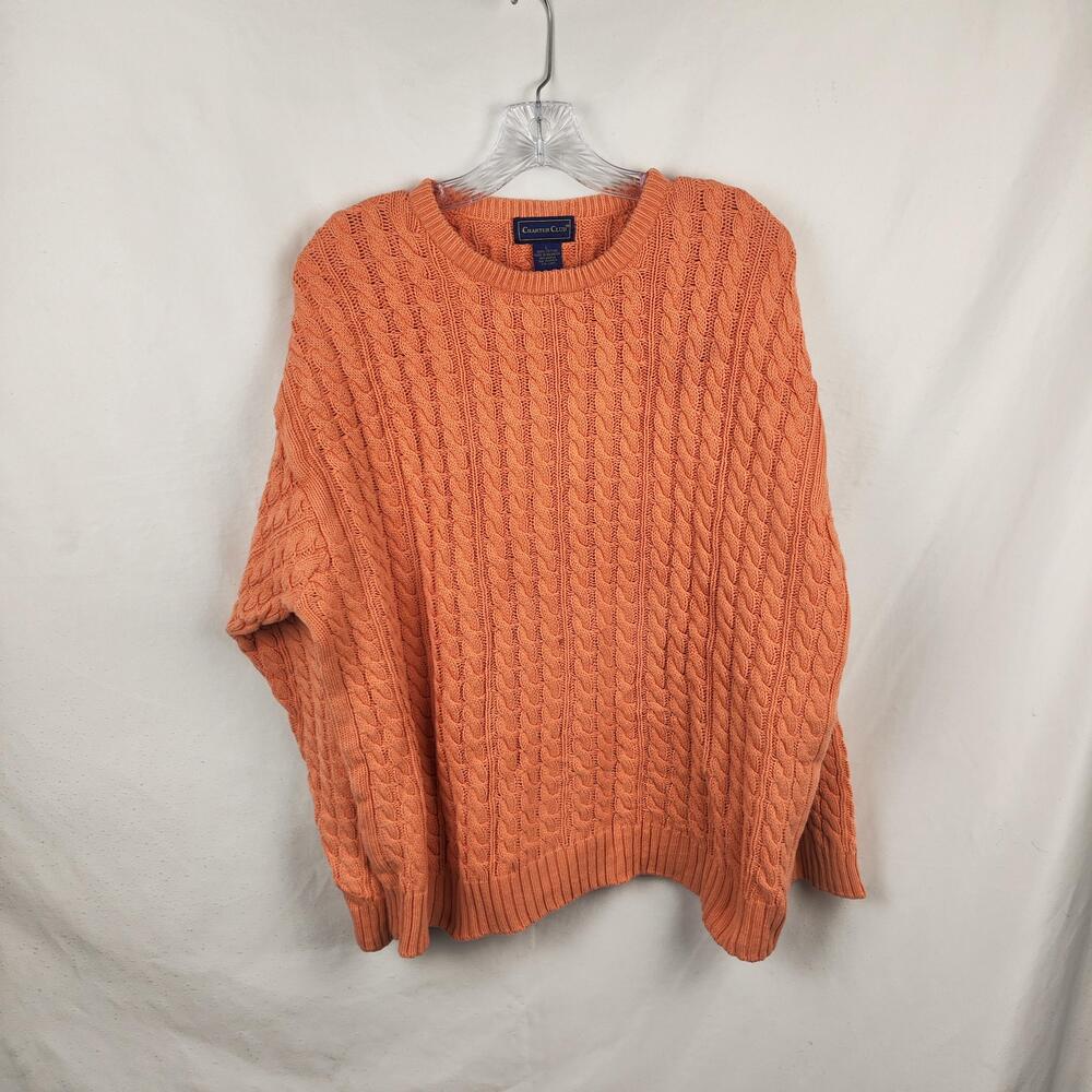Charter Club Sweater Womens Large Orange Cable Knit Crew Neck Cotton Pullover